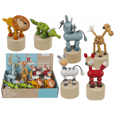 Figurines animaux articulées poussoir en bois - Eléphant, lion, zèbre, renard, girafe et crocodile