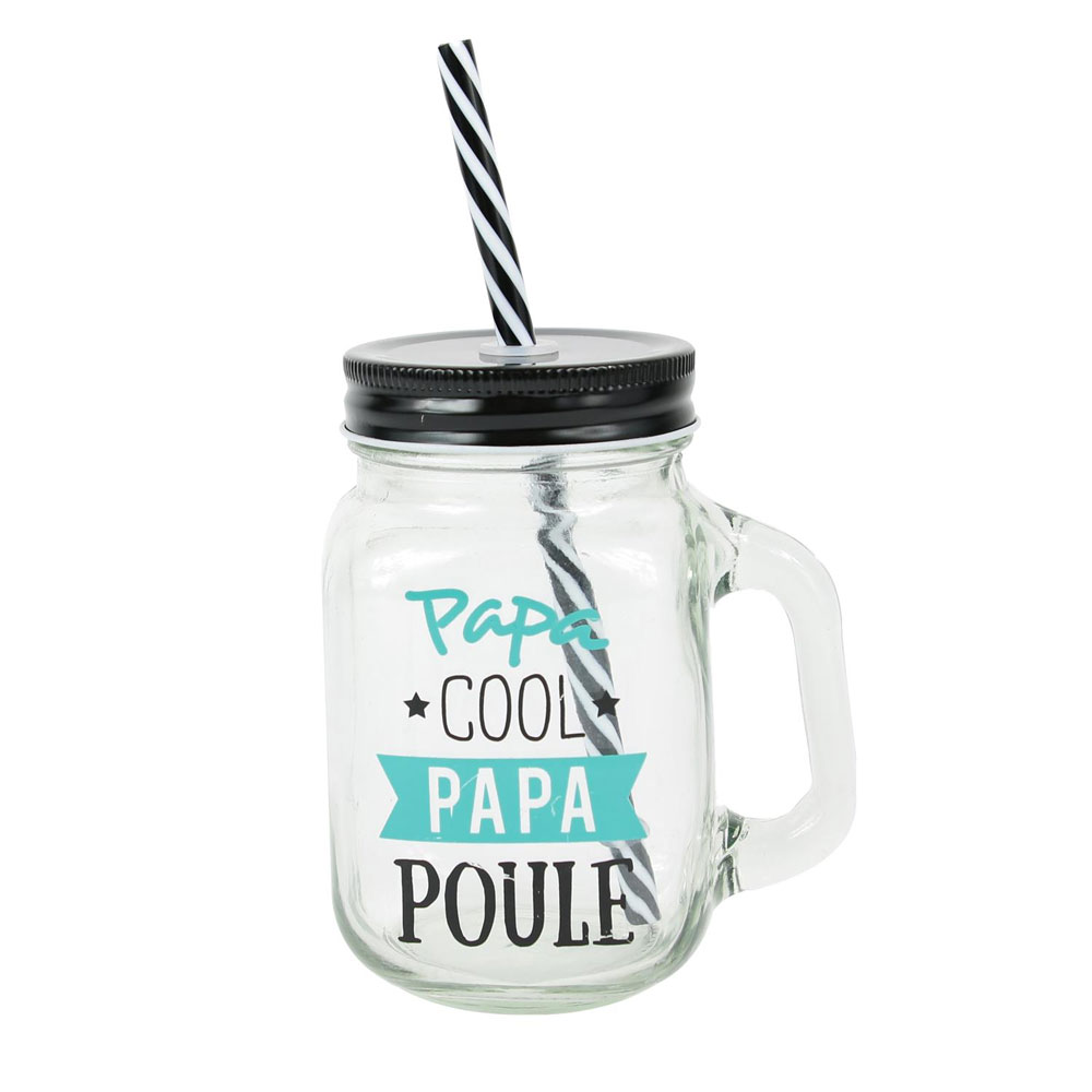 Mason jar avec paille "Papa Cool Papa Poule" - Cadeau Papa