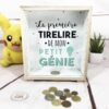 Tirelire design cadre en bois "La première tirelire de mon petit génie"
