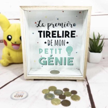 Tirelire design cadre en bois "La première tirelire de mon petit génie"