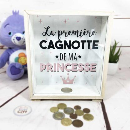 Tirelire design cadre en bois "La première cagnotte de ma Princesse"