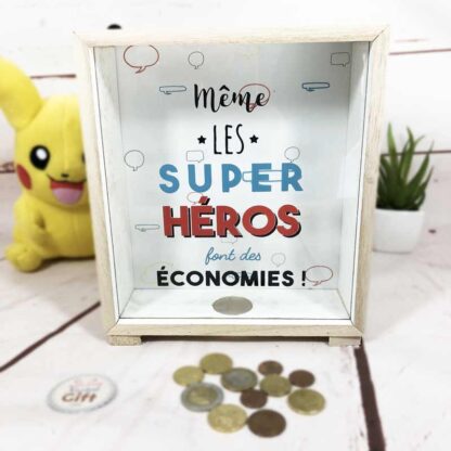 Tirelire design cadre en bois "Même les Super Héros font des économies"