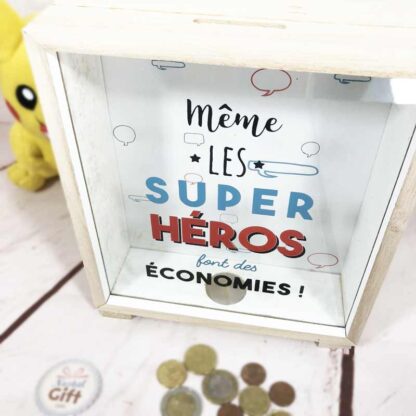 Tirelire design cadre en bois "Même les Super Héros font des économies" – Image 3