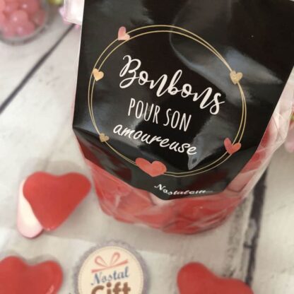Sachet bonbon amoureuse - Bonbon coeur à la cerises rouge et blanc x40 - "Pour son Amoureuse" Idee cadeau pour sa femme