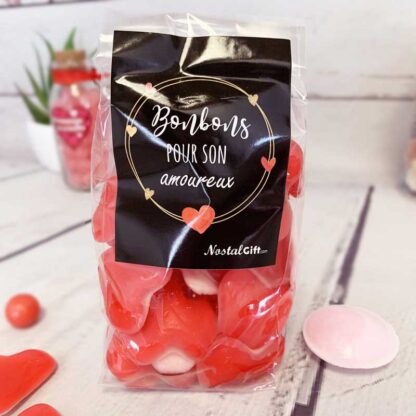Sachet bonbon amoureux - Bonbon coeur à la cérises rouge blanc x 40 - "Pour son Amoureux" - Idée cadeau mari