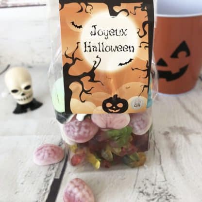 Sachet de Bonbons gélifiés Halloween : 10 Yeux gélifiés, 10 cerveaux roses et bleus et 10 dentier de vampire gélifiés