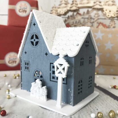 Petite église en bois peint en gris lumineuse - décoration Noël