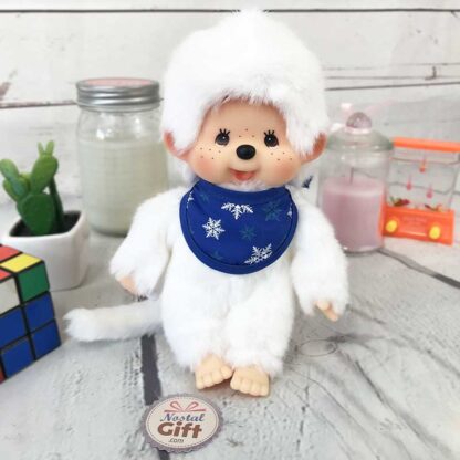 Peluche Kiki - Blanc hiver avec bavoir bleu ( Monchhichi )