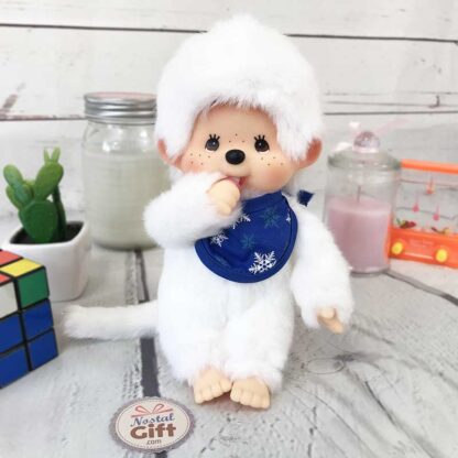 Peluche Kiki - Blanc hiver avec bavoir bleu ( Monchhichi )