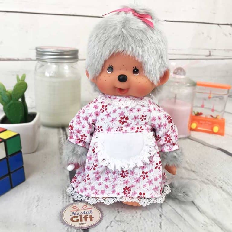 Peluche Monchhichi mamie SEKIGUCHI Kiki grand-mère robe 21 cm - SOS