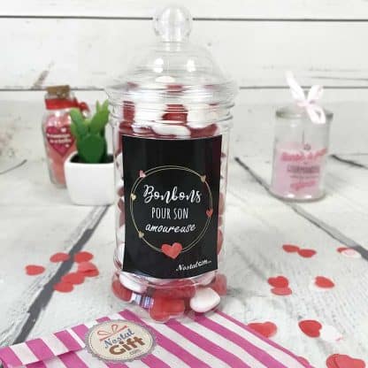Bonbonnière Saint Valentin - Bonbons petits coeurs rouge et blanc Haribo x 100 - "Pour son amoureuse"