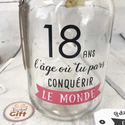 Bocal à souhaits / tirelire à message "18 ans l'âge où tu pars conquérir le monde" - Idée cadeau Anniversaire