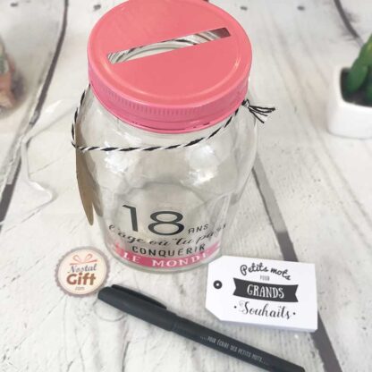 Bocal à souhaits / tirelire à message "18 ans l'âge où tu pars conquérir le monde" - Idée cadeau Anniversaire – Image 3