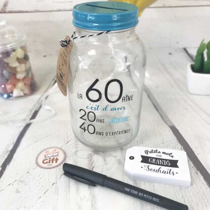 Bocal à souhaits / tirelire à message "La 60aine, c'est d'avoir 20 ans avec 40 ans d'expérience" - Idée cadeau Anniversaire