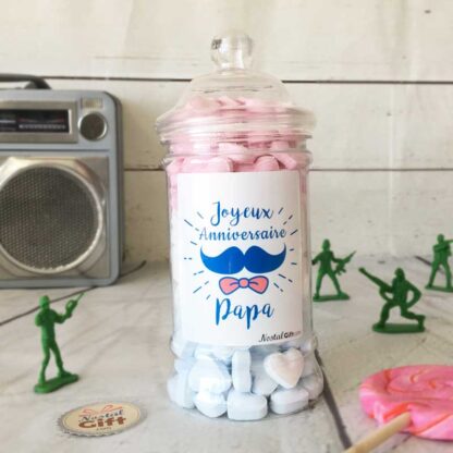 Bonbonnière Papa Moustache - 60 cœurs dextroses - "Joyeux anniversaire Papa"