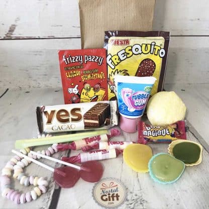 Coffret cadeau personnalisé : Sachet bonbon 80, jouets retro et Bougie Papa "Super-héros"