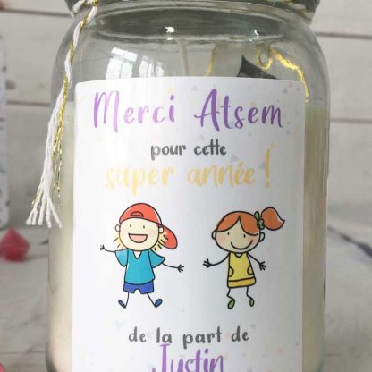 Bougie Jar personnalisée "Merci à mon Atsem pour cette super année" - cadeau Atsem – Dessins d'enfants