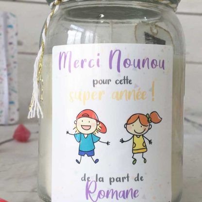 Bougie Jar personnalisée "Merci Nounou pour cette super année !" - cadeau Nounou – Dessins d'enfants