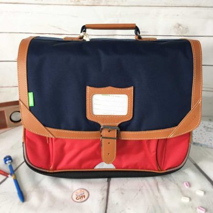 Cartable bleu marine & rouge Arthur 38 cm orné d'un porte clé avion - Tann's