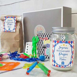 Coffret cadeau personnalisé : Sachet bonbon 80, jouets retro et Bougie "Joyeux anniversaire Papa"