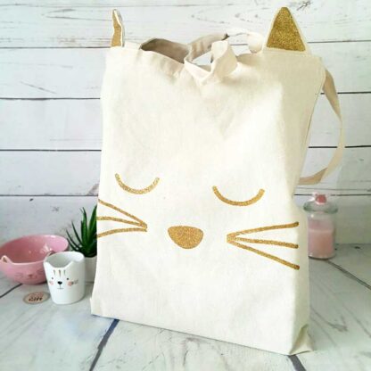 Tote bag chat blanc et sa tête de chat