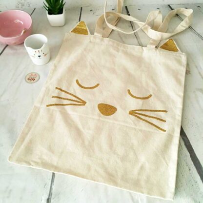 Tote bag chat blanc et sa tête de chat