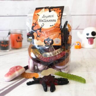 Sachet de Bonbons gélifiés - 10 tarentules, 20 vers de terre et 10 crânes gélifiés (390g) - Joyeux Halloween