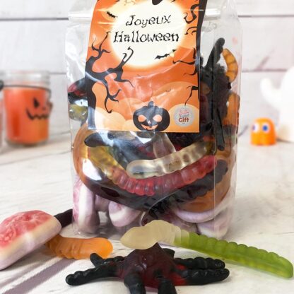 Sachet de Bonbons gélifiés - 10 tarentules, 20 vers de terre et 10 crânes gélifiés (390g) - Joyeux Halloween