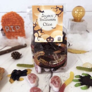 Sachet de bonbons Halloween personnalisé - 10 tarentules, 5 souris et 3 serpents (315g)