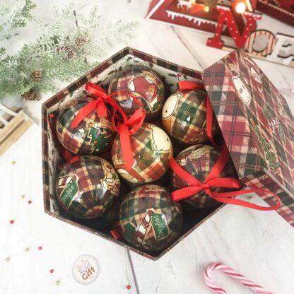 Boîte de 14 boules de Noël - Motif carreau de Noël