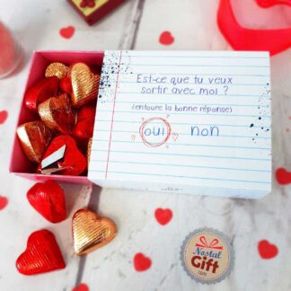 Boîte Saint Valentin - Coeur en chocolat noir et lait fourrés praliné  x20 - "Est-ce que tu veux sortir avec moi ?"