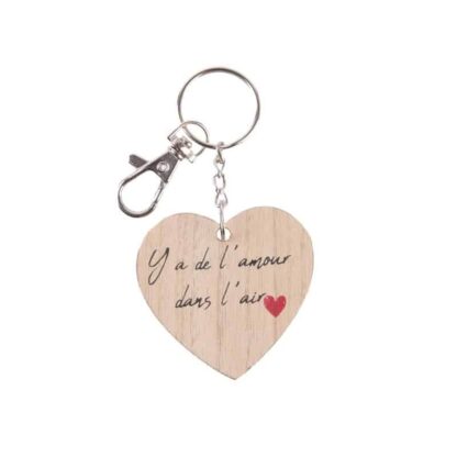 Porte-clés coeur en bois  - " Y'a de l'amour dans l'air "