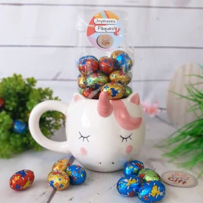 Mug Licorne rempli d'œufs en chocolat praliné x 20 - Cadeau Pâques