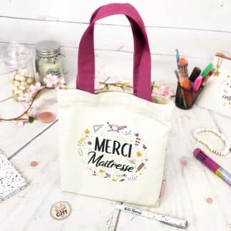 Mini tote bag « Merci Maîtresse » - Cadeau Maîtresse  - Collection Florale