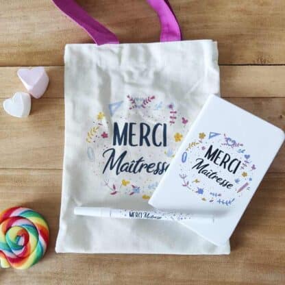 Kit sac + carnet + Stylo « Merci Maîtresse » Idée cadeau maîtresse - Collection florale