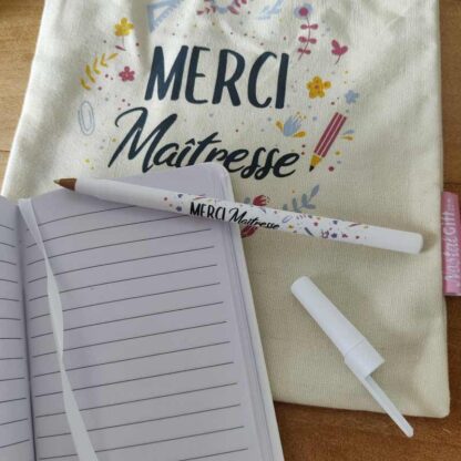 Kit sac + carnet + Stylo « Merci Maîtresse » Idée cadeau maîtresse - Collection florale