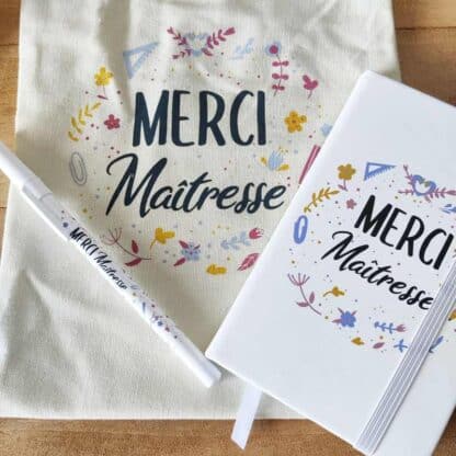Kit sac + carnet + Stylo « Merci Maîtresse » Idée cadeau maîtresse - Collection florale