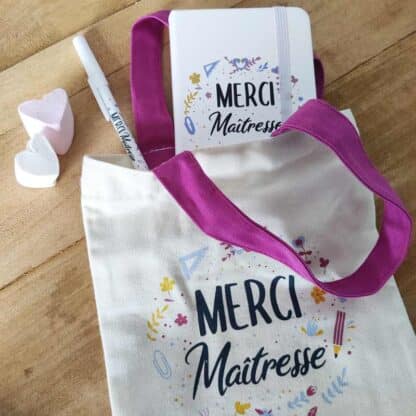 Kit sac + carnet + Stylo « Merci Maîtresse » Idée cadeau maîtresse - Collection florale