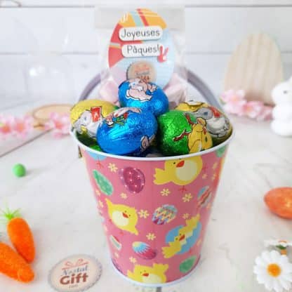 Seau rose de Pâques - Oeufs en chocolats X 10 et Guimauve lapin x 10
