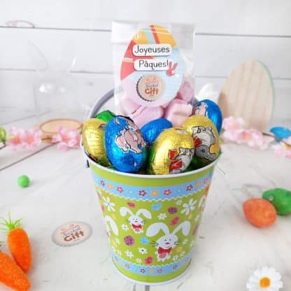 Seau vert de Pâques - Oeufs en chocolats X 10 et Guimauve lapin x 10
