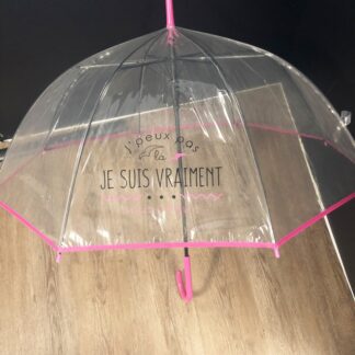 Parapluie cloche humour - "J'peux pas là je suis vraiment sous l'eau" - Rose & transparent