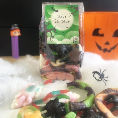 Sachet de Bonbons gélifiés avec 10 tarentules, 5 souris et 3 serpents (315g)- Vert de peur
