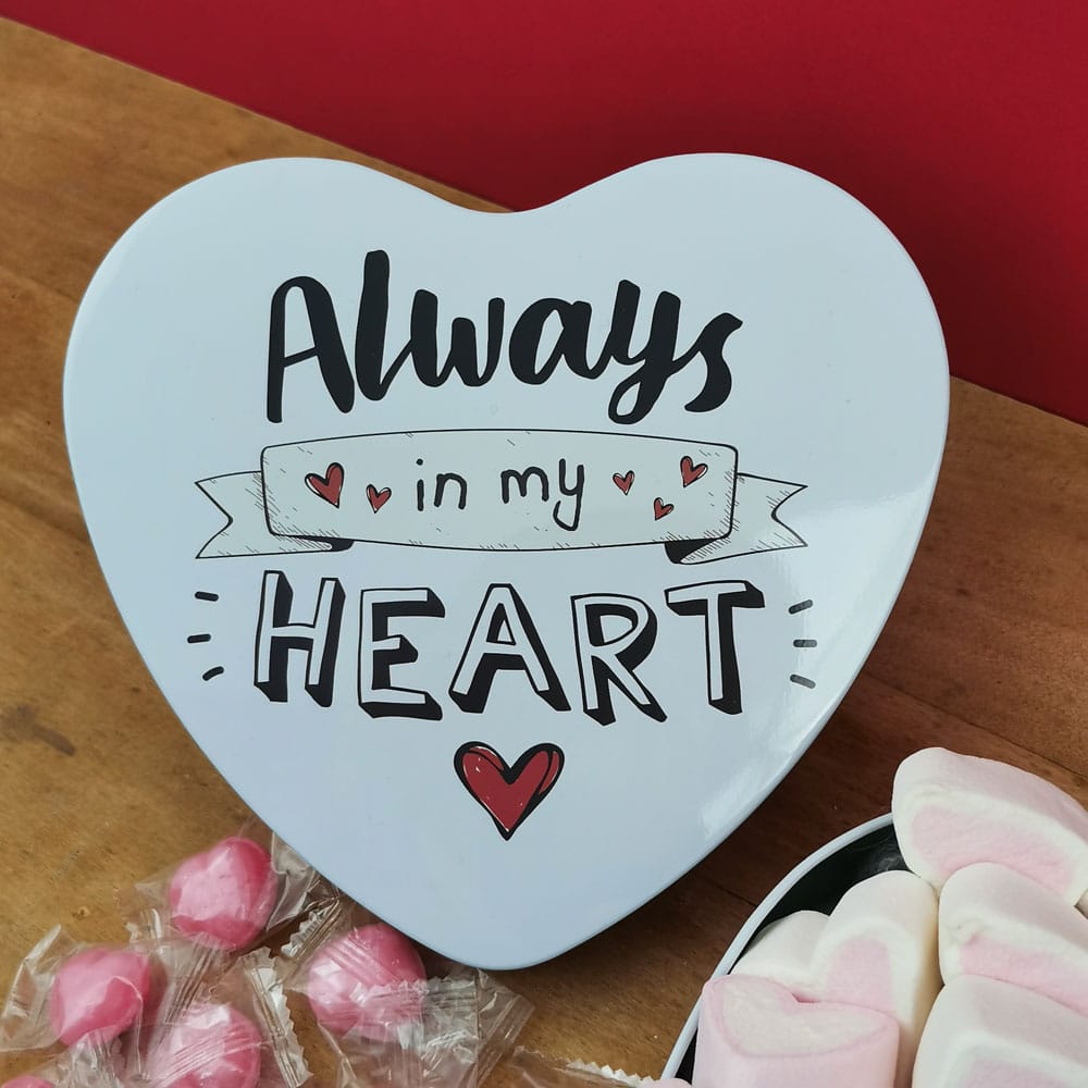 Coffret Cadeau St Valentin : Boîte en coeur Always in my heart  remplie  de bonbons - Blanche