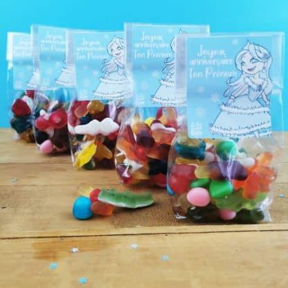 5 Sachets Bonbons personnalisés 150 g - Happy Life - Anniversaire enfant - Princesse des neiges
