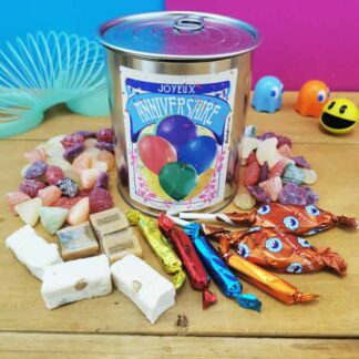 Coffret bonbon ancien : Boîte de conserve remplie de bonbons "Joyeux anniversaire"