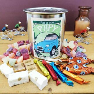 Coffret bonbon ancien : Boîte de conserve remplie de bonbons "Pour un super papy"