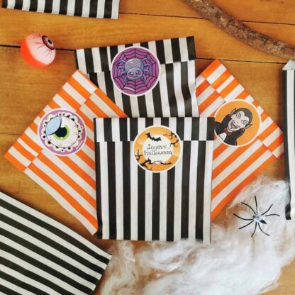 Sachet bonbons halloween vide  - orange et noir - lot de 20 + autocollants