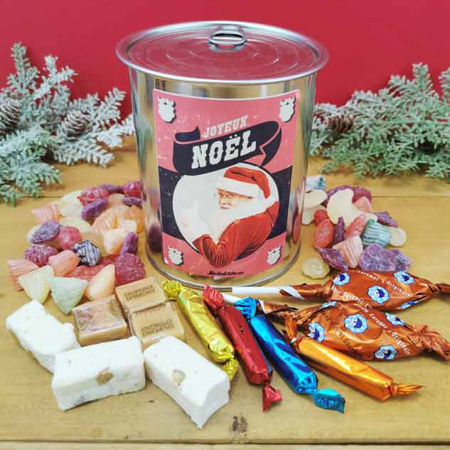 Coffret bonbon ancien : Boîte de conserve remplie de bonbons Joyeux Noël