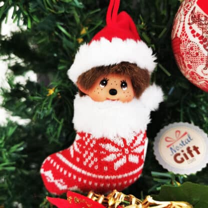 Décoration de Noël Monchhichi Kiki - Chaussette rouge (Père Noël) - 12cm