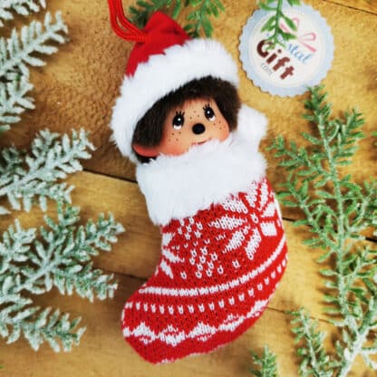 Décoration de Noël Monchhichi Kiki - Chaussette rouge (Père Noël) - 12cm